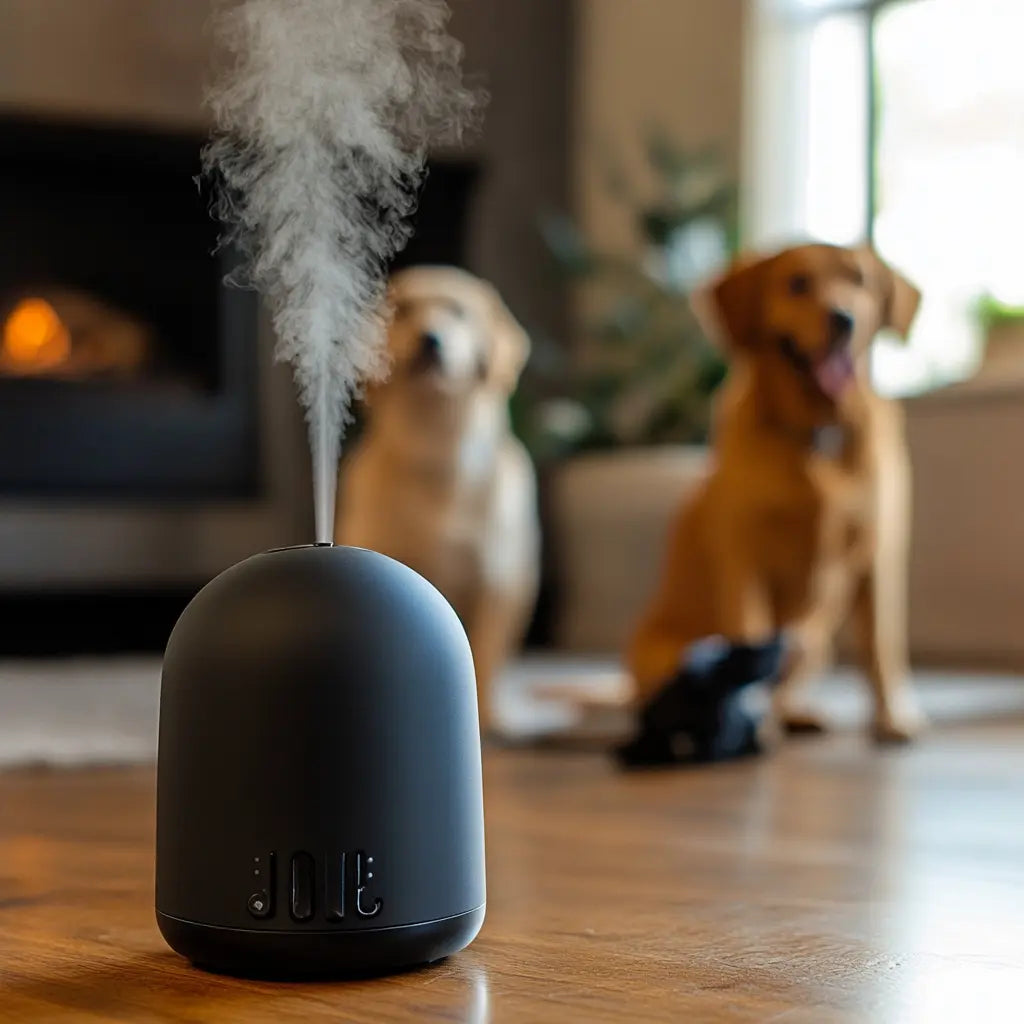 Zwarte aroma diffuser die stoom uitstraalt met twee honden op de achtergrond in een woonkamer